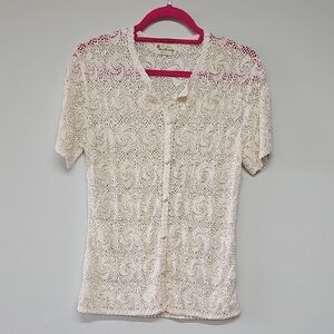 Vintage Hand Crocheted Lace Blouse, Button Cardigan, Ivory, Size Medium